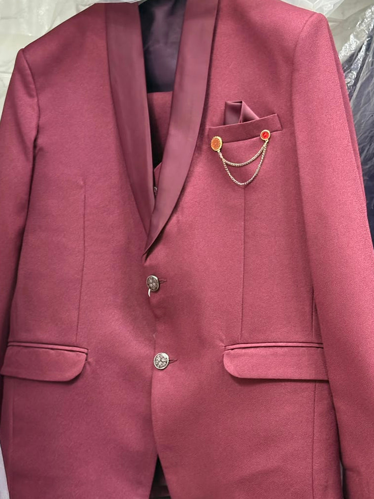 Club AK Men's Maroon 3 Piece Suit for Men | Premium Slim Fit Tuxedo Blazer, Double Breasted Waistcoat and Trouser Set