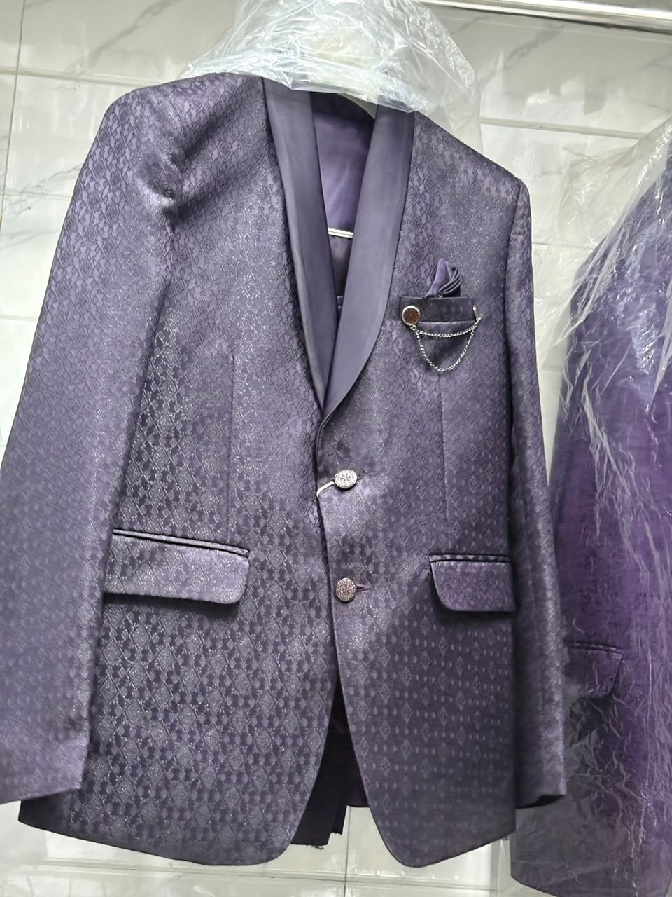 Club AK Men's Purple Jacquard 3 Piece Tuxedo Suit for Men | Premium Slim Fit Blazer, Double Breasted Waistcoat and Trouser Set
