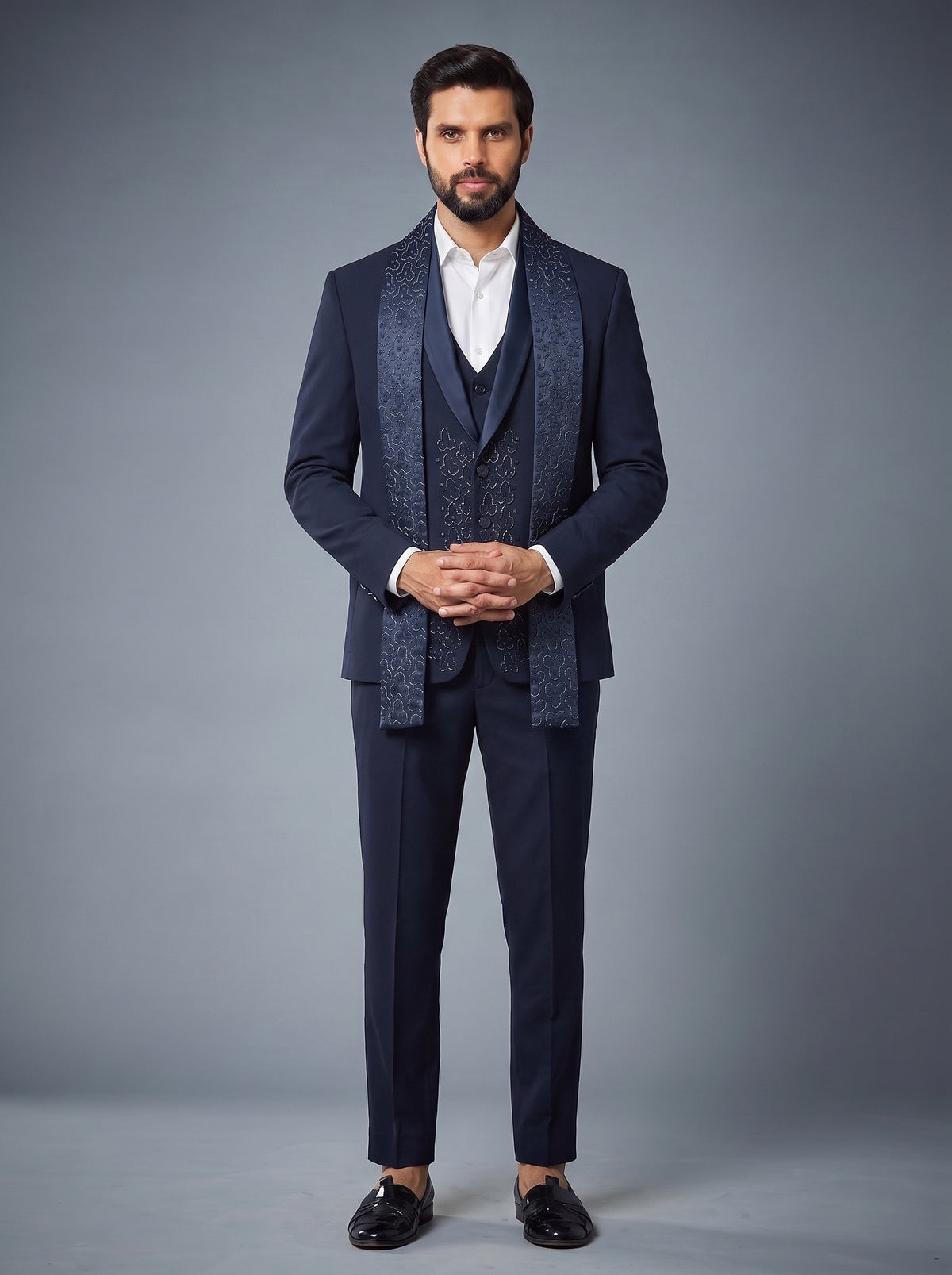 Club AK Men's Luxury Indo-Western Suit with Embellished Stole and Formal Trousers