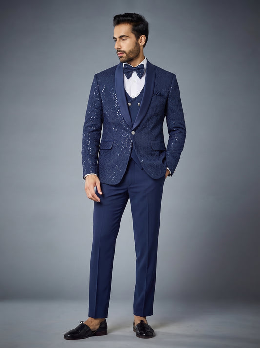 Club AK Men's Premium Navy Blue Sequin 3 Piece Suit | Luxury Wedding & Reception Wear