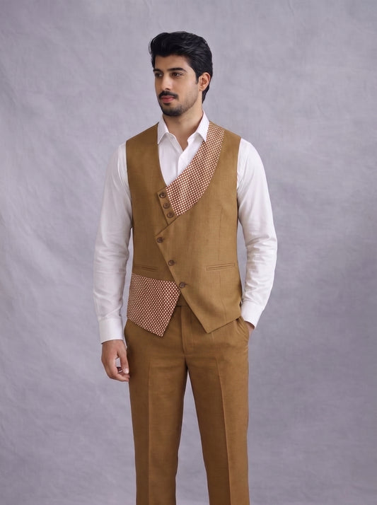 Club AK Men's Premium Camel Brown Three Piece Suit Set with Designer for Wedding, Reception & Party Wear