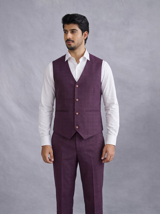 Club AK Men's Premium Wine Checkered Three Piece Suit Set for Wedding, Reception & Party Wear