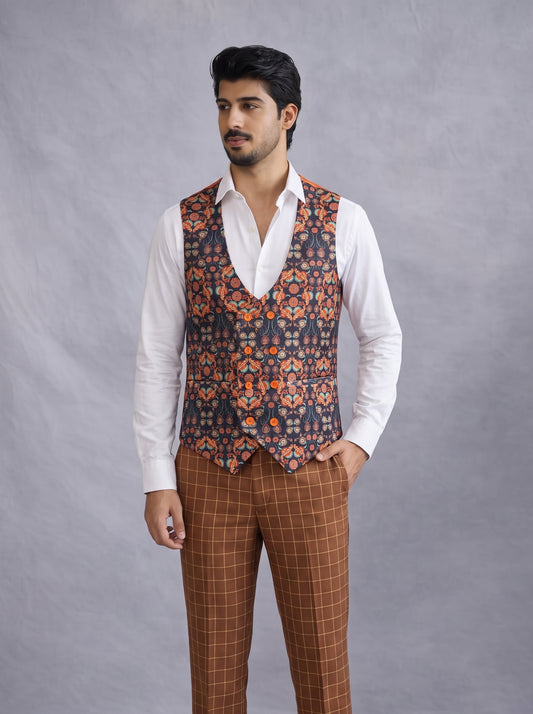 Club AK Men’s Elegant Brown Checkered 3-Piece Suit for Wedding & Reception