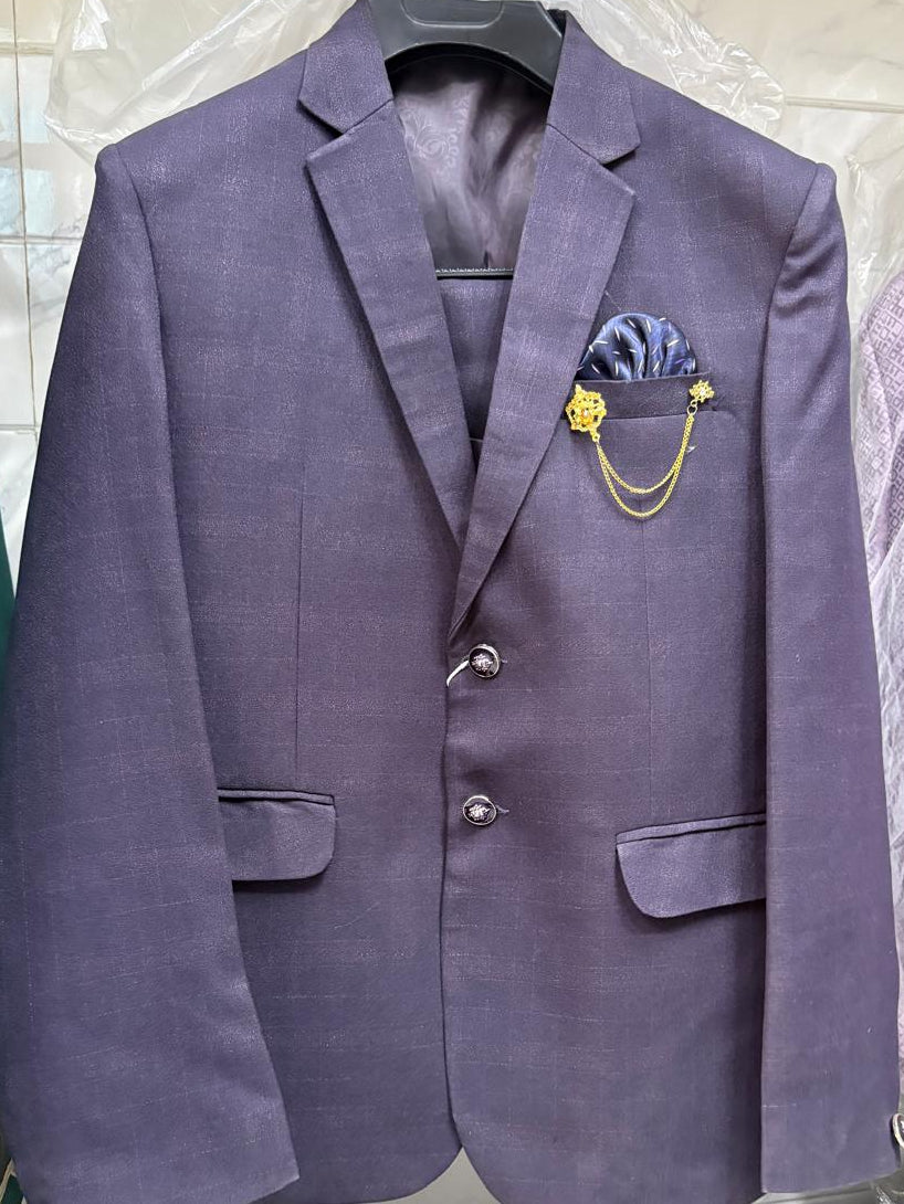 Club AK Men's Deep Plum Three Piece Suit with Mandarin Collar Shirt