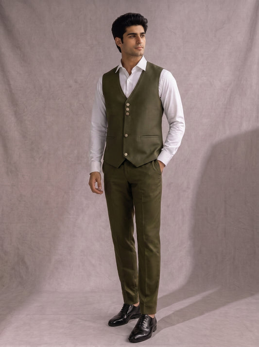 CLUB AK Men's Premium Olive Green Three-Piece Suit | Reception & Party Wear