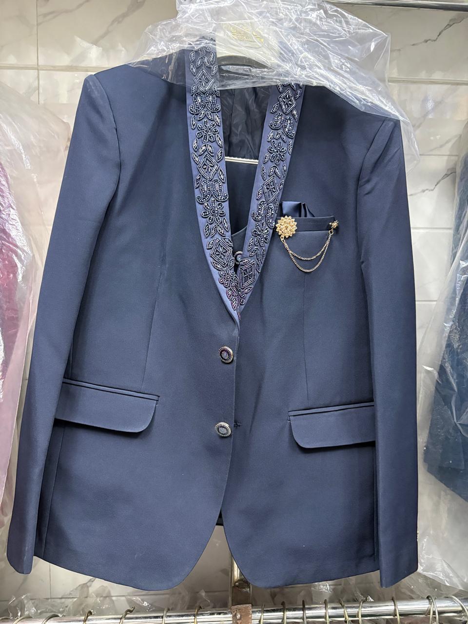 Club AK Men’s Premium Steel Blue Embroidered Tuxedo Three Piece Suit