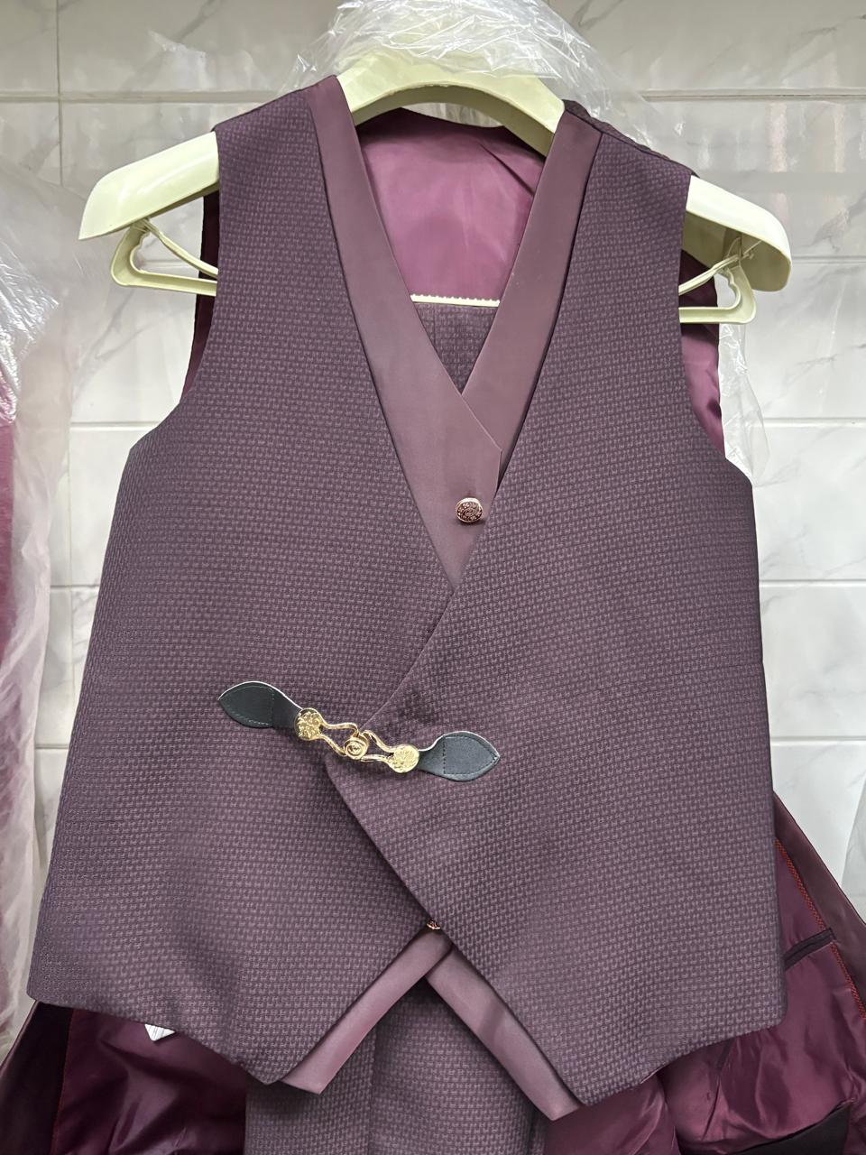 Club AK Men’s Premium Wine Textured Three Piece Tuxedo Suit