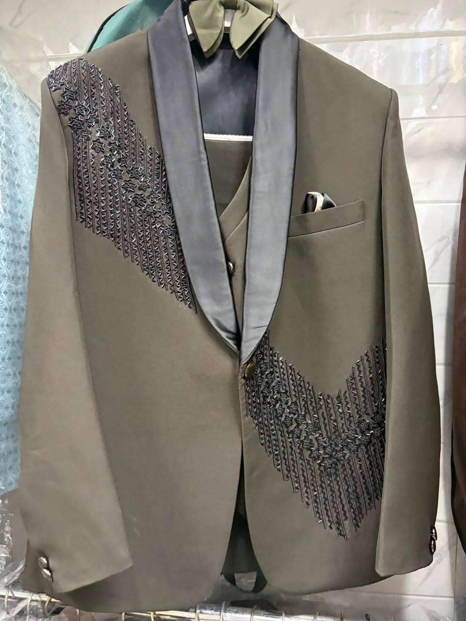 Club AK Men's Olive Green Embellished Three Piece Suit