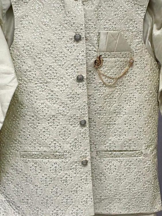 Club AK Men's Pista Green Kurta Pajama with Embroidered Cream Nehru Jacket – Premium Wedding, Festive & Ethnic Wear