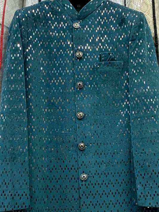 Club AK Men's Teal Blue Embroidered Indo Western Suit | Luxury Wedding & Party Wear