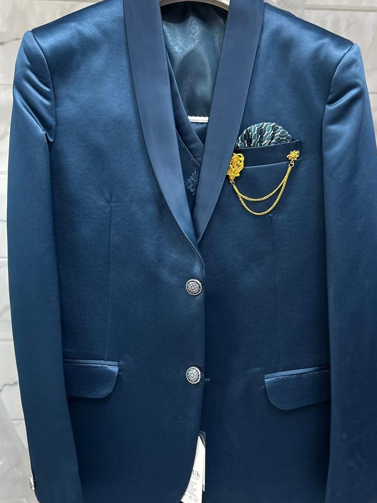 Club AK Men's Steel Blue Satin Shawl Lapel Three-Piece Suit