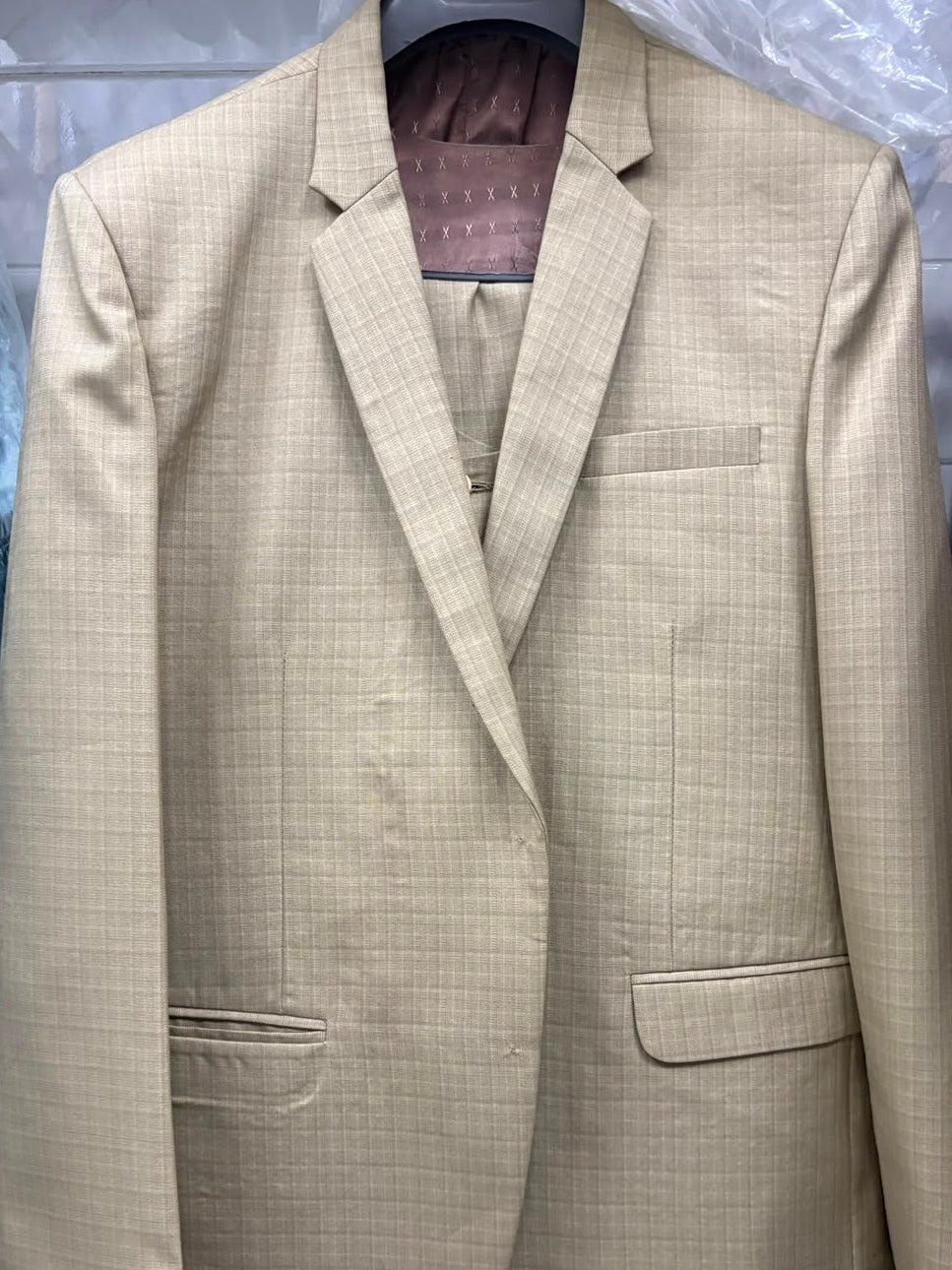 Club AK Men's Premium Beige Check Three Piece Suit