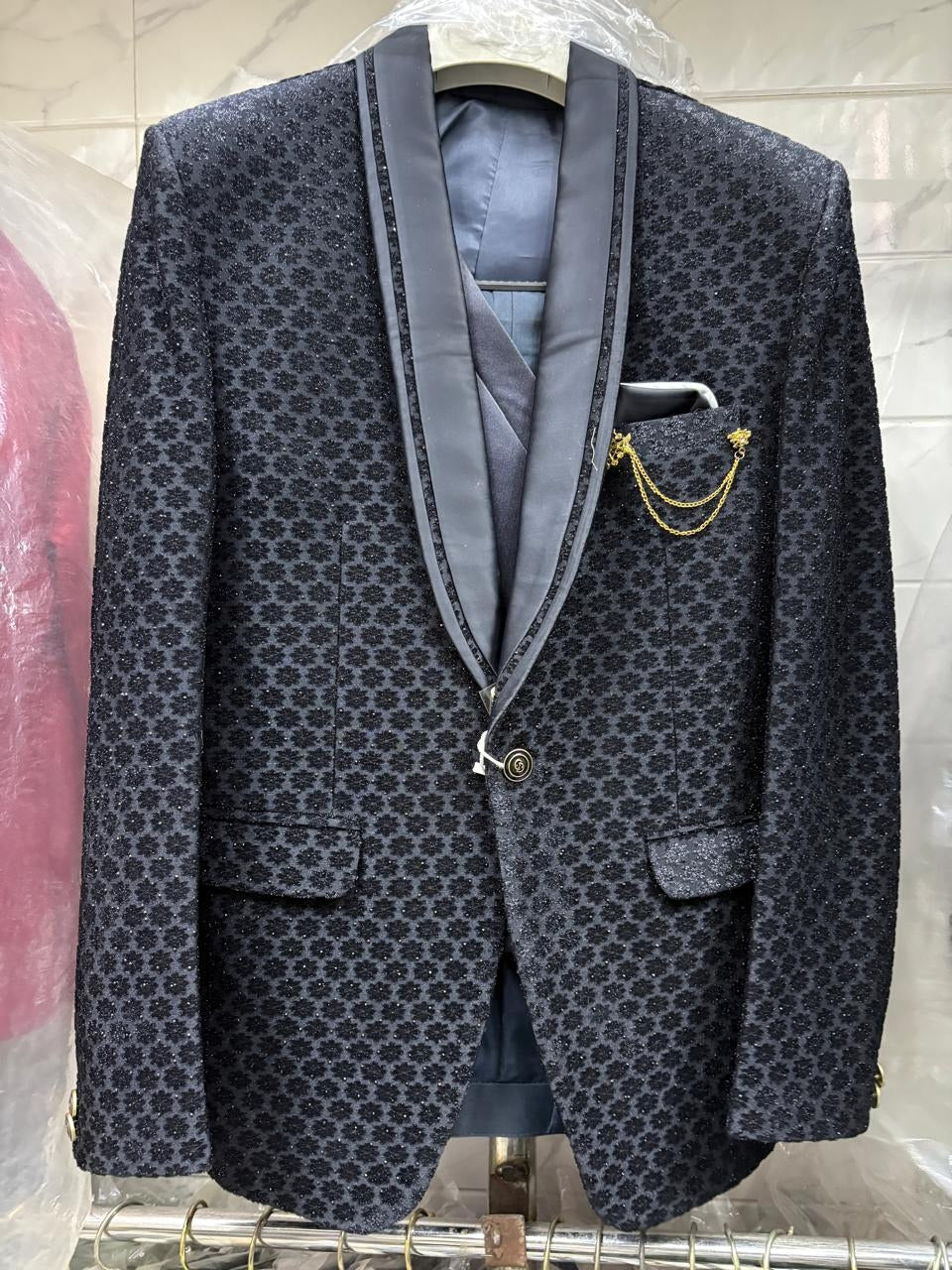 Club AK Men’s Premium Navy Blue Textured Three Piece Tuxedo Suit