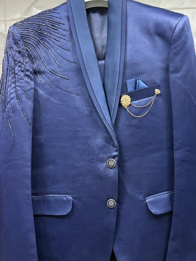 CLUB AK Men's Premium Royal Blue Embroidered Three-Piece Suit for Men | Luxury Groom & Reception Wear