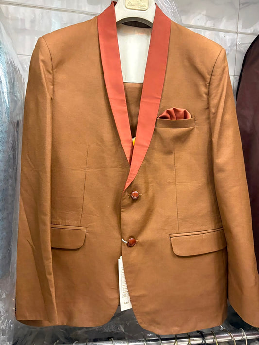 Club AK Men's Coffee Brown Three Piece Suit Set with Printed Waistcoat for Wedding, Party & Formal Wear
