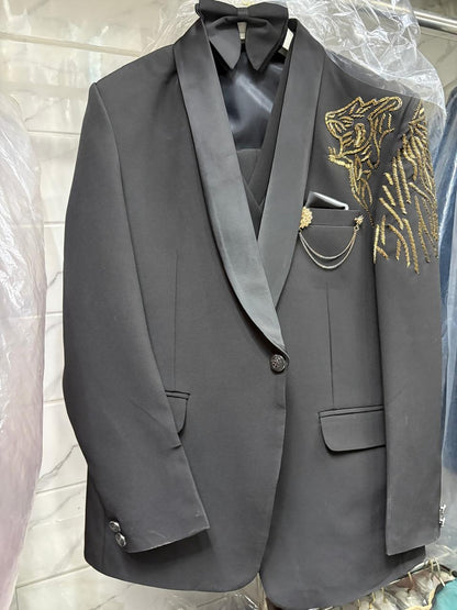 Club AK Men’s Embroidered Black Three Piece Tuxedo Suit