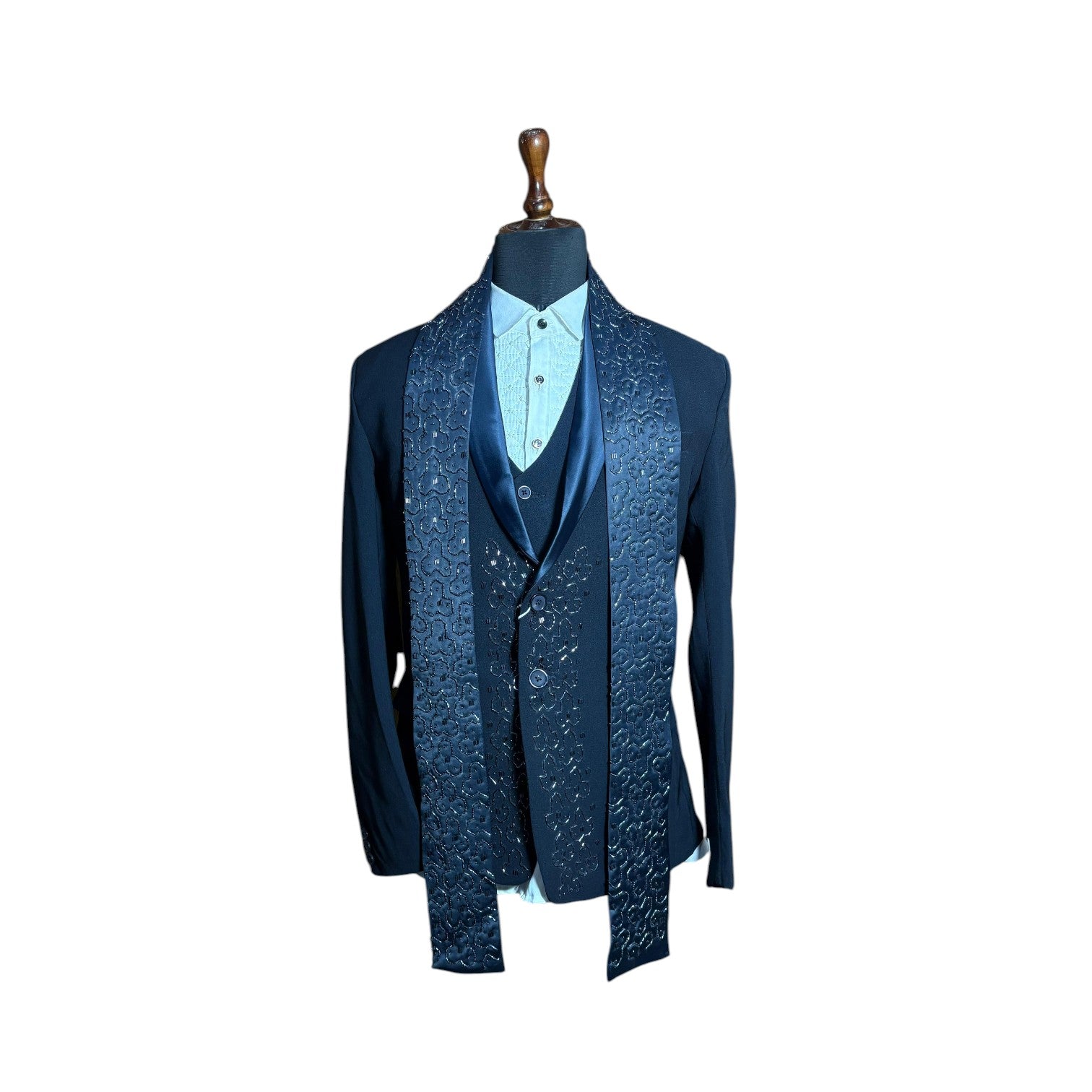 Men’s Designer Three Piece Suit with Embroidered Stole | Premium Wedding & Party Wear