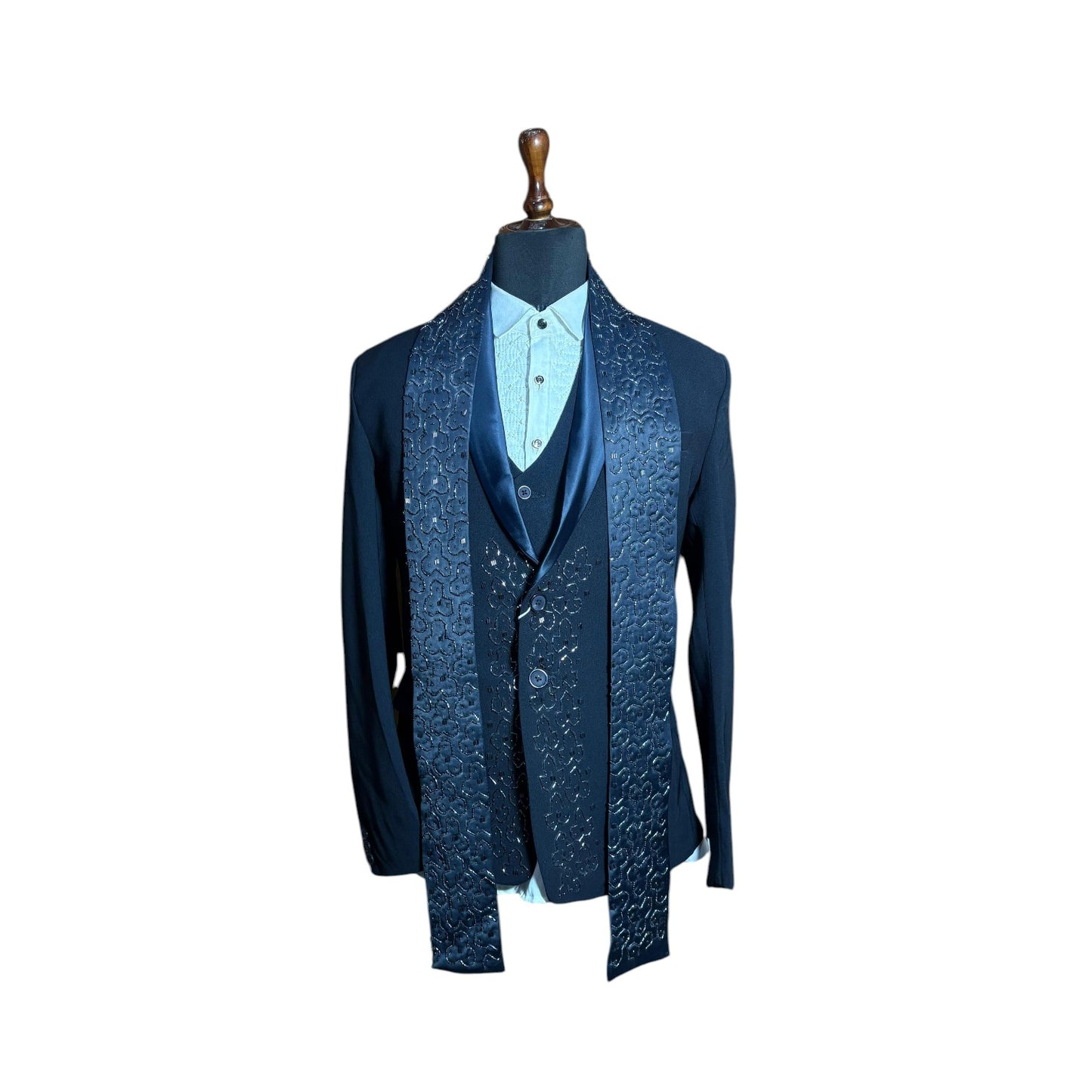 Men’s Designer Three Piece Suit with Embroidered Stole | Premium Wedding & Party Wear