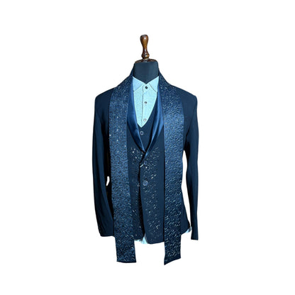 Men’s Designer Three Piece Suit with Embroidered Stole | Premium Wedding & Party Wear