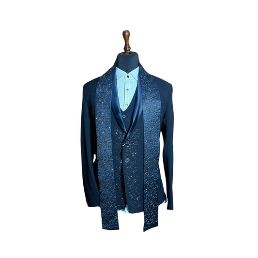 Men’s Designer Three Piece Suit with Embroidered Stole | Premium Wedding & Party Wear