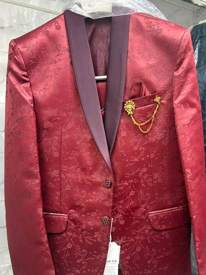 Club AK Men's Premium Maroon Jacquard Three-Piece Suit
