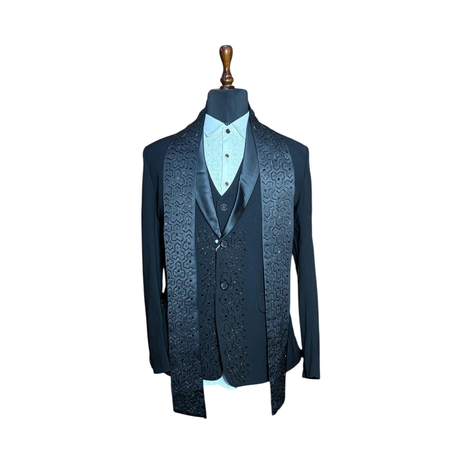 Men’s Designer Three Piece Suit with Embroidered Stole | Premium Wedding & Party Wear