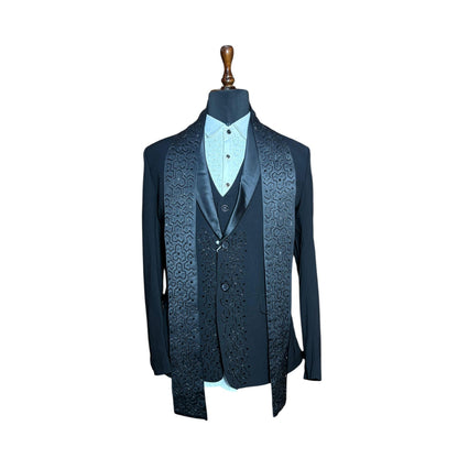 Men’s Designer Three Piece Suit with Embroidered Stole | Premium Wedding & Party Wear