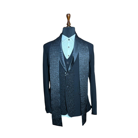 Men’s Designer Three Piece Suit with Embroidered Stole | Premium Wedding & Party Wear