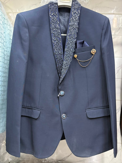 Club AK Men's Navy Blue Double Breasted Three Piece Suit Set with Designer Shawl Lapel for Wedding, Reception & Party Wear