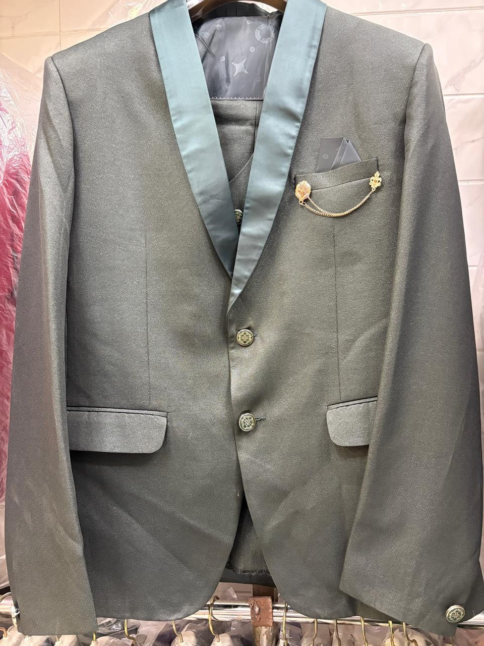 CLUB AK Men's Olive Grey Double Breasted Three Piece Suit for Men | Luxury Wedding Wear