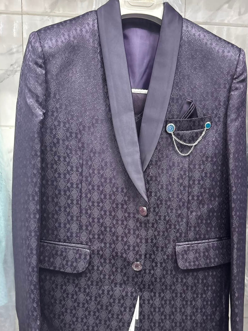 Club AK Men's Premium Purple Jacquard Three-Piece Suit