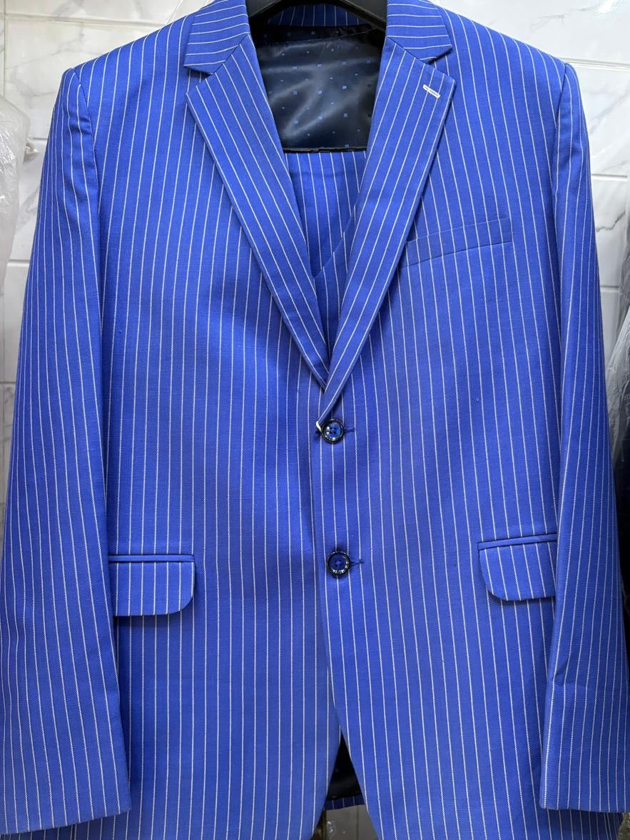 CLUB AK Men's Royal Blue Pinstripe Three Piece Suit for Men | Premium Wedding & Party Wear suit Set