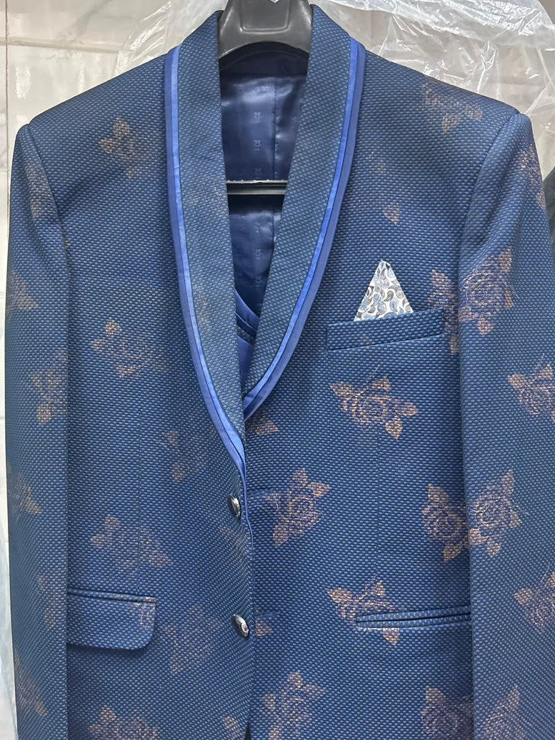 Club AK Men's Premium Navy Blue Floral Printed Three-Piece Tuxedo Suit with Double-Breasted Waistcoat & Satin Shawl Lapel