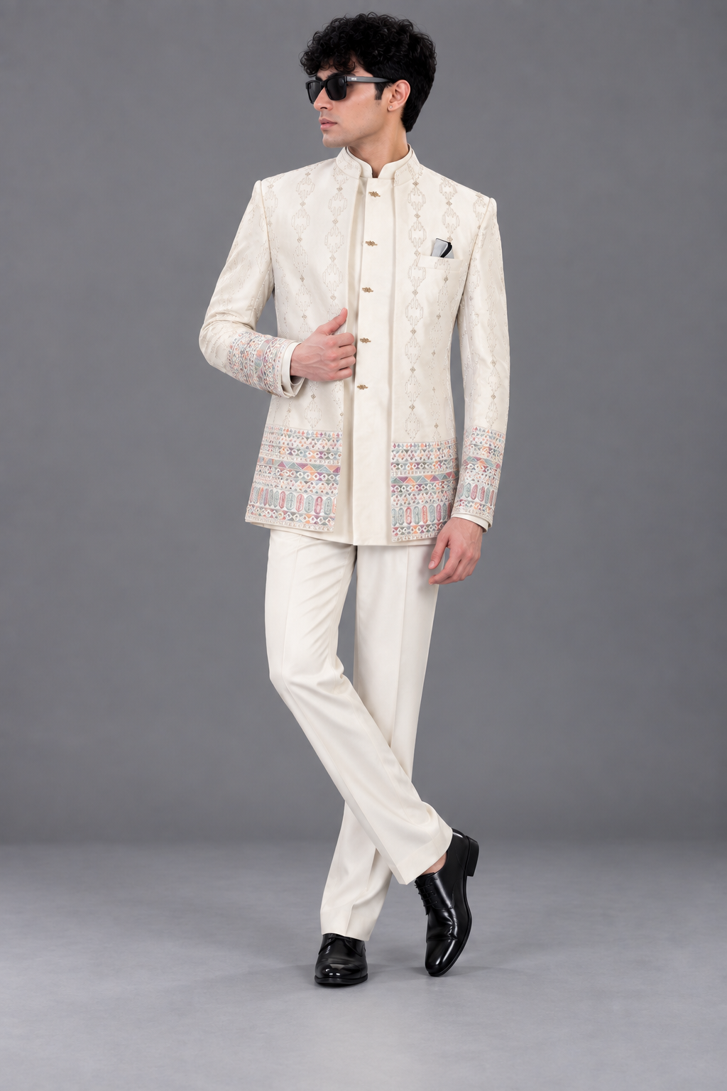 CLUB AK Men’s Premium Embroidered Indo Western Suit with Designer Border Detailing & Matching Trousers