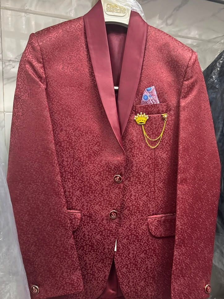 Club AK Men's Premium Maroon Jacquard Three-Piece Suit