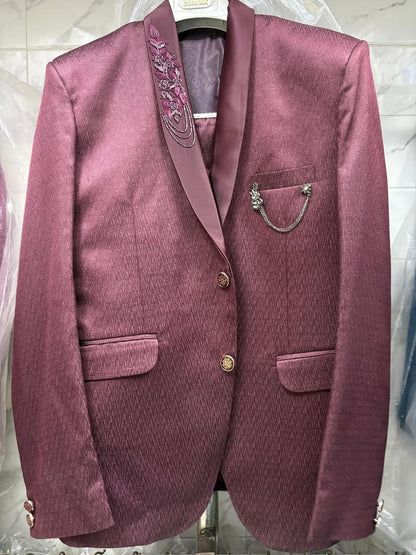 Club AK Men’s Premium Wine Textured Three Piece Tuxedo Suit