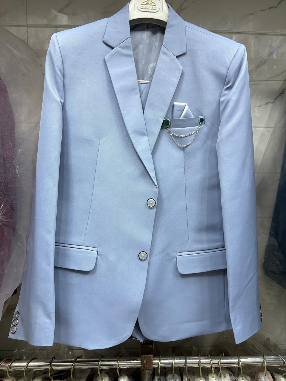 CLUB AK Men's Premium Sky Blue Three-Piece Suit for Men | Designer Groom & Party Wear