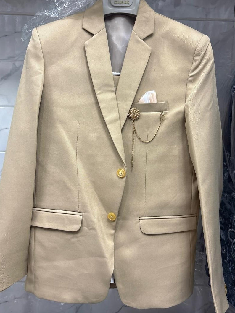 Club AK Men's Champagne Beige Luxury Three-Piece Suit with Tailored Blazer, Waistcoat & Trousers