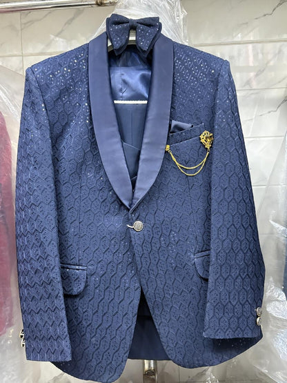 Club AK Men’s Premium Navy Blue Sequins Three Piece Tuxedo Suit