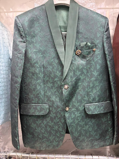 Club AK Men's Emerald Green Jacquard Three Piece Suit Set with Shawl Lapel for Wedding, Reception & Party Wear