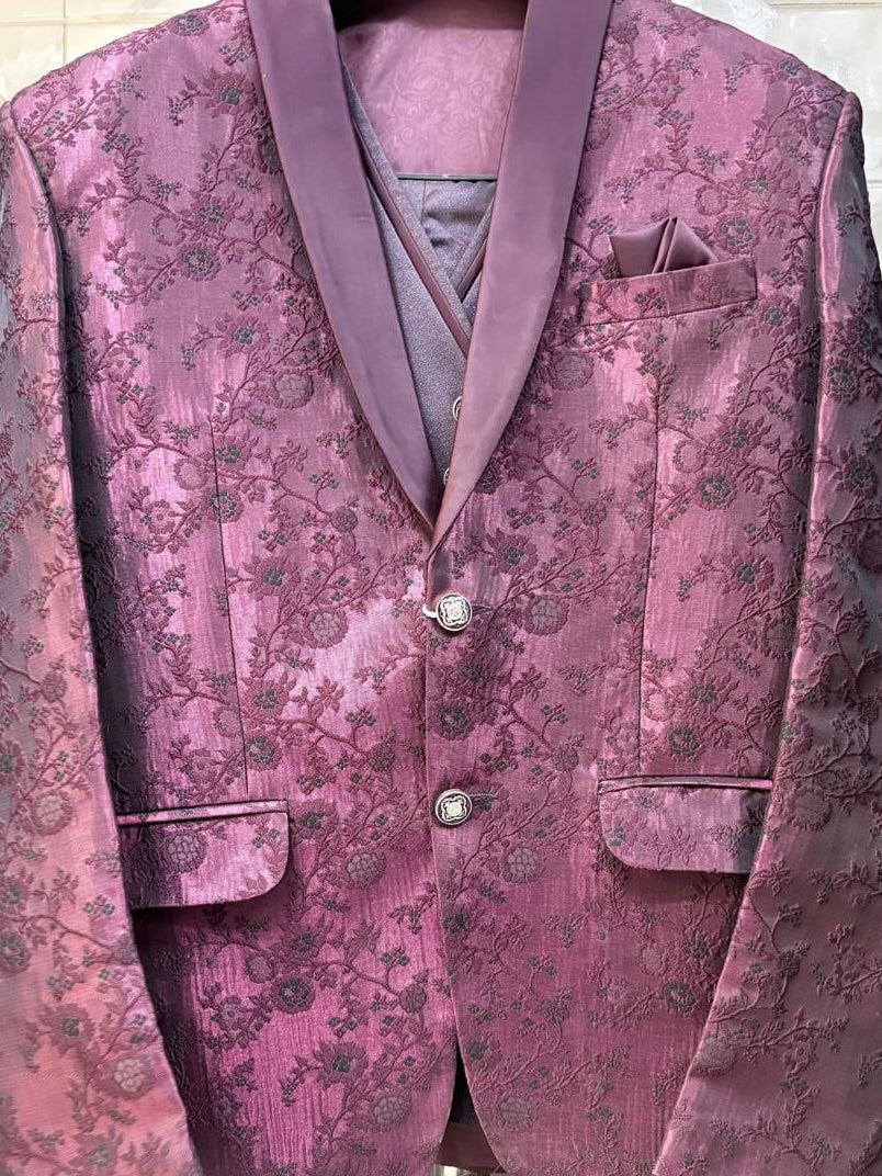 Club AK Premium Wine Jacquard 3 Piece Suit for Men | Designer Wedding & Reception Blazer Set
