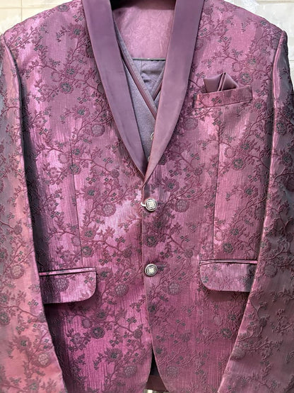 Club AK Premium Wine Jacquard 3 Piece Suit for Men | Designer Wedding & Reception Blazer Set
