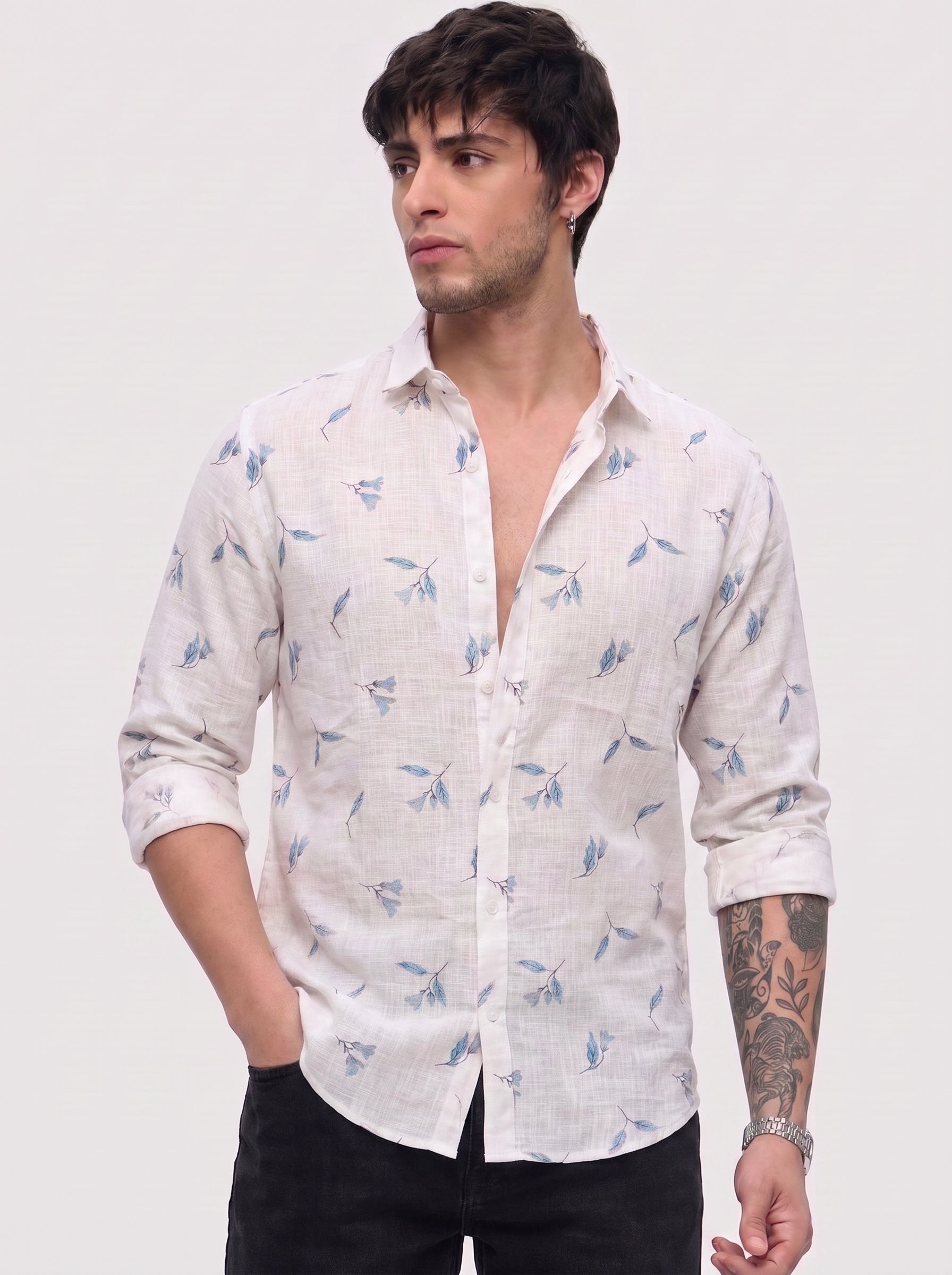 Men's sky blue Floral linen Shirt