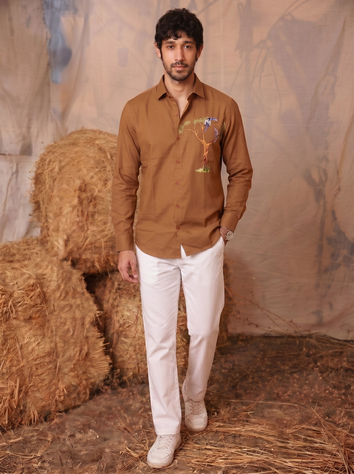 Club AK Men’s Premium Embroidered Casual Shirt with Bird & Tree Embroidery | Stylish Full Sleeve