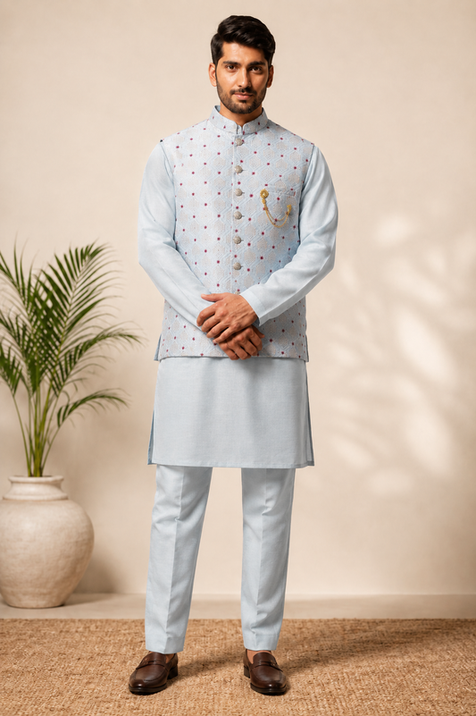 CLUB AK – Premium Men’s Designer Kurta Koti Set | Embroidered Ethnic Wear for Wedding & Festive Occasions