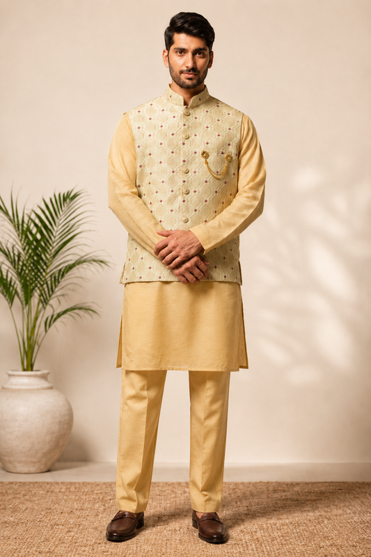 CLUB AK – Premium Men’s Designer Kurta Koti Set | Embroidered Ethnic Wear for Wedding & Festive Occasions