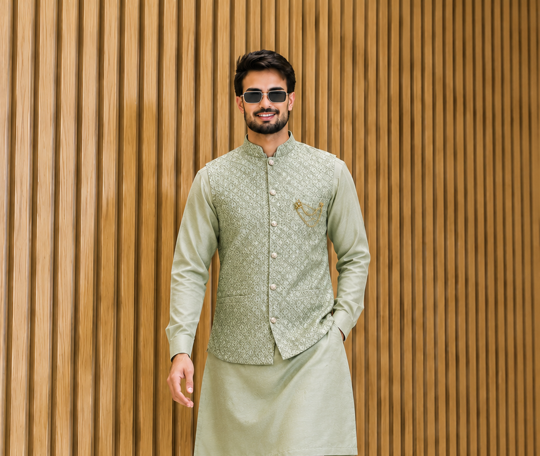 CLUB AK Designer Kurta Pajama Set with Embroidered Nehru Jacket for Men