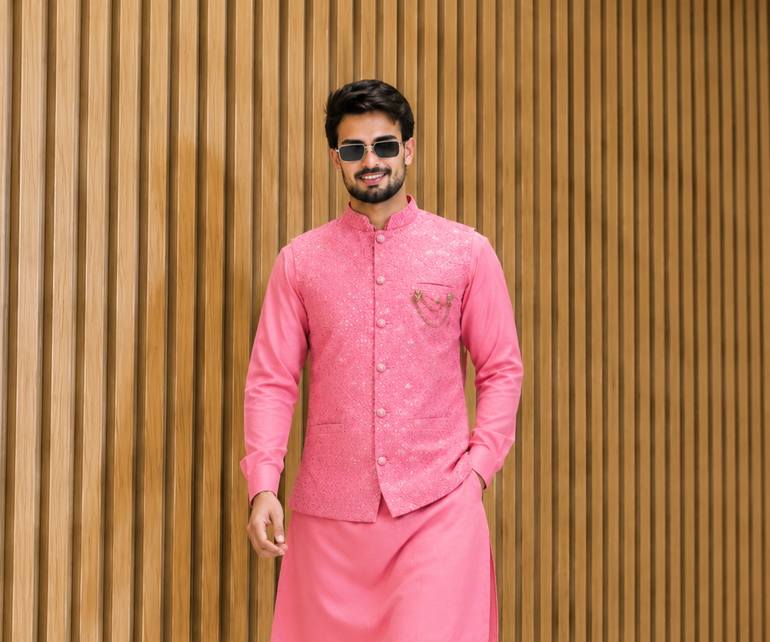 CLUB AK Men's Designer Embroidered Coti Kurta Pajama Set | Wedding & Festive Ethnic Wear