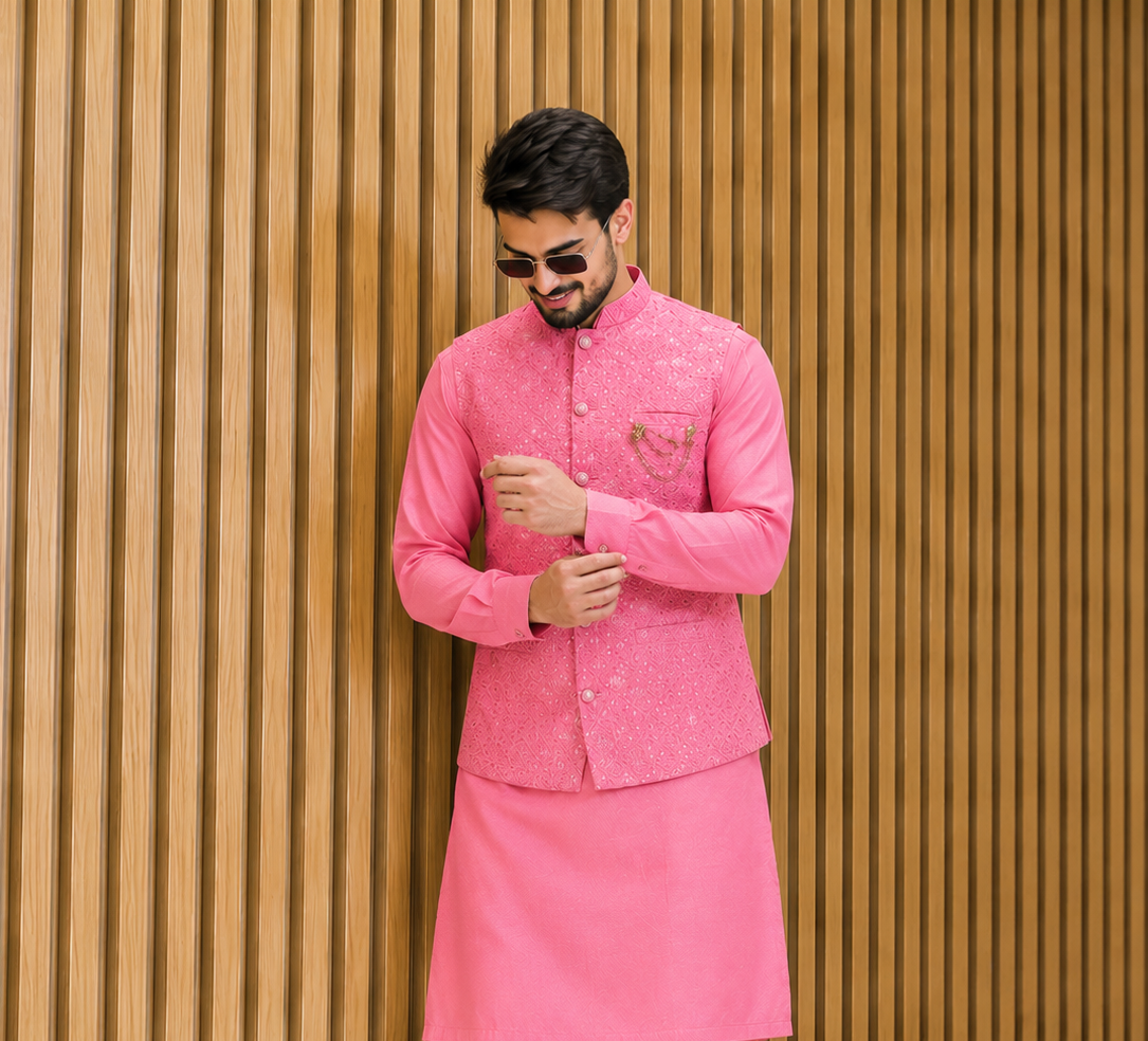 CLUB AK Men's Designer Embroidered Coti Kurta Pajama Set | Wedding & Festive Ethnic Wear
