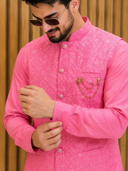 CLUB AK Men's Designer Embroidered Coti Kurta Pajama Set | Wedding & Festive Ethnic Wear
